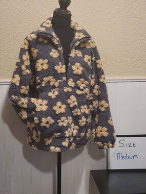 Chouyatou Women's Fall Winter Casual Cute Floral Fleece Jacket Fuzzy Half Zip